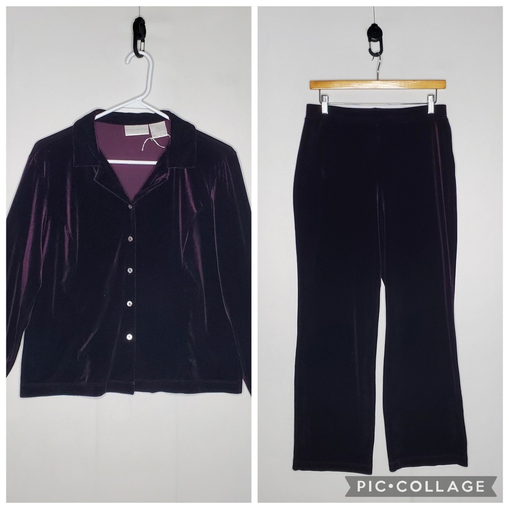 Vintage Y2K Purple Velour Top Bottom Set Women MP Dark Plum Luxury Worthington